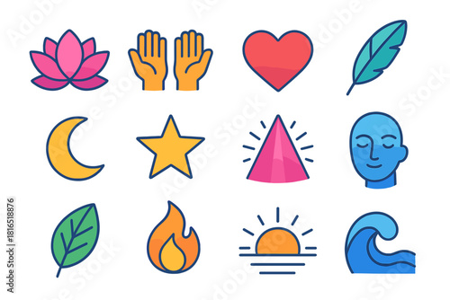 Soul Transformation Icons. Soul Transformation flat icons set. lotus bloom, open hands, heart, feather, moon, star, light beam, calm face, leaf, flame, sunrise, wave