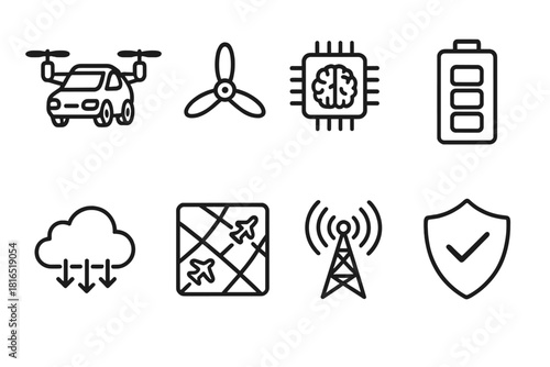Smart Air Vehicle Icons. Smart Air Vehicles linear icon set: hybrid drone car, prop rotor, AI system, battery core, data cloud, air traffic grid, signal tower, safety shield