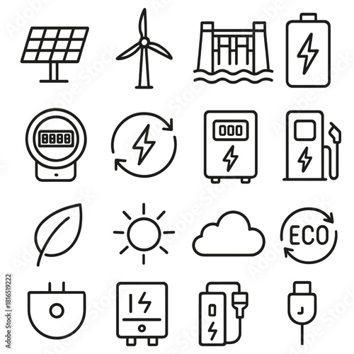 Renewable Energy Icons. Renewable energy storage linear icon set: solar array, wind farm, hydro dam, lithium battery, smart meter, energy flow, inverter, charger, green leaf, sun