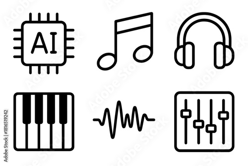 Musical Technology Icons. Music Generation linear icon set. AI chip, musical notes, headphones, waveform, piano keys, sound mixer