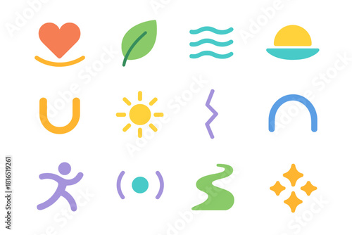 Holistic Health Symbols. Holistic Health Balance Symbols flat icon set: balanced heart, nature leaf, breath rhythm, wellness plate, grounding curve, gentle light, clarity line