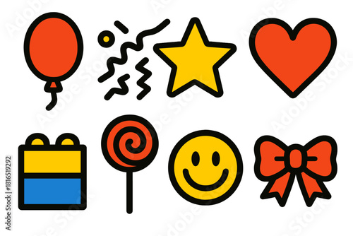 Bold Playful Icons. Playful delight silhouette icon set : balloon, confetti, star, heart, toy block, lollipop, smile, ribbon bow