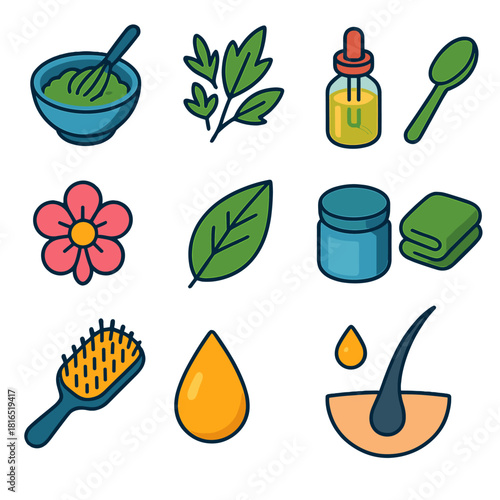 Herbal Haircare Icons. DIY herbal haircare flat icons set. bowl, whisk, herbs, oil bottle, spoon, flower, leaf, jar, towel, brush, droplet, hair strand