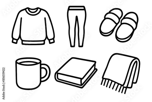Cozy Essentials Icons. Comfy Style linear icon set. sweater, leggings, slippers, mug, book, blanket