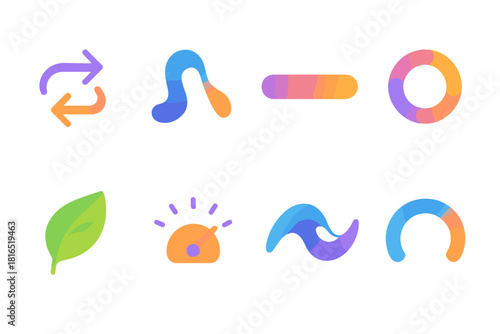 Adaptive Icons. Adaptive Change flat icon set: shifting arrows, flexible shape, transition bar, evolving circle, renewal leaf, adjustment dial, adaptation wave, progress arc