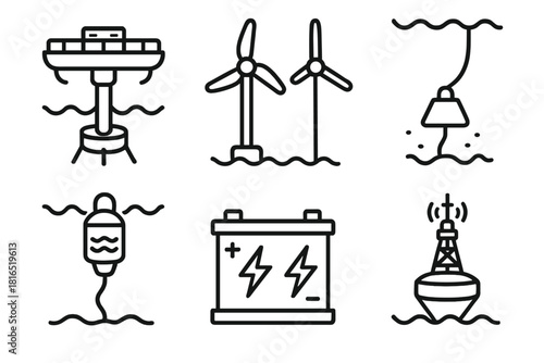 Marine Energy Icons. Marine Energy Technology linear icon set. floating platform, rotor blades, seabed anchor, pressure sensor, battery storage, data buoy