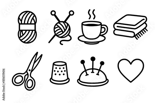 Cozy Knitting Icons. Cozy Knitting Set linear icon set: yarn skein, needles, cup of tea, folded blanket, scissors, thimble, cushion, heart