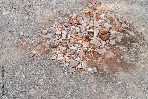 Structure building destruction rubble waste debris heap pile aerial view