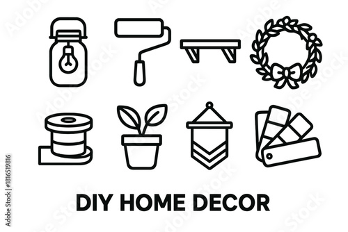 DIY Decor Icons. DIY Home Decor linear icon set. mason jar light, paint roller, wooden shelf, handmade wreath, ribbon spool, plant pot, wall hanging, color palette