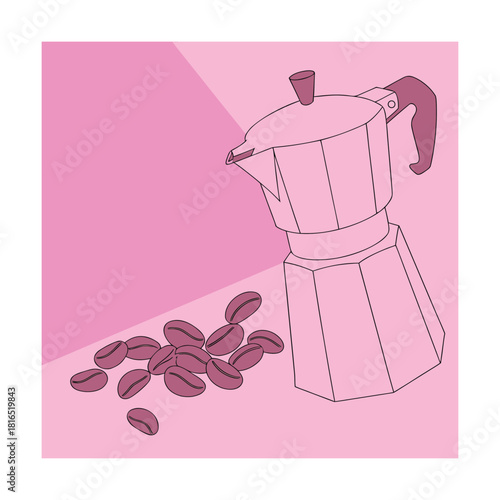 Whimsical pink illustration of a moka pot with coffee beans, creating a charming and inviting scene for coffee lovers and design enthusiasts alike