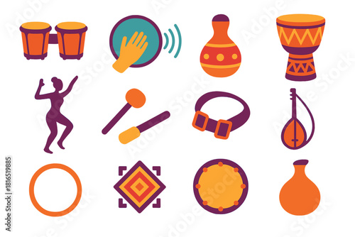Vibrant Percussion Icons. Traditional Percussion flat icon set: bongo drum, hand drum, gourd shaker, carved drum base, rhythm waves, dancer silhouette, wooden mallet, drum strap