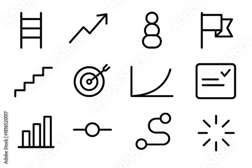 Skill Progression Icons. Skill Progression Pathways Elements Set linear icon set: skill ladder, progress arrow, level icons, goal flag, step markers, clarity dot, learning curve