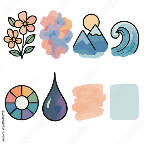 Watercolor Icon Elements. Creative Watercolor Elements linear icon set: floral pattern, abstract splash, mountain scene, ocean wave, color wheel, ink drop, gentle brushstroke