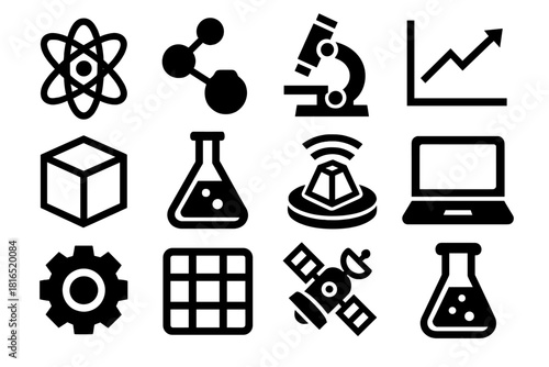 STEM Icon Set. STEM Online Classes silhouette icon set: atom, molecular model, microscope, graph chart, 3D cube, lab flask, hologram, laptop, gear, data grid, satellite, test tube