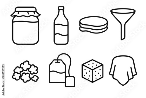 Fermentation Kit Icons. Home Fermentation Set linear icon set: glass jar, kombucha bottle, SCOBY, grains, funnel, tea bag, sugar, cloth cover