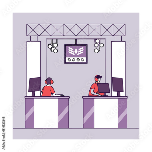 Illustration of two gamers competing on stage isolated on, showcasing the excitement and intensity of esports competition