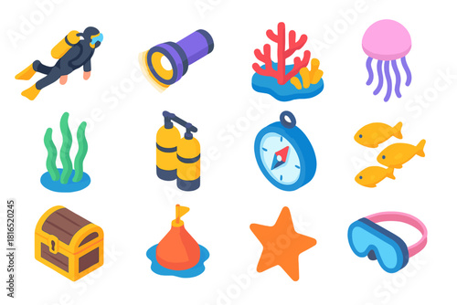 Underwater Exploration Icons. Underwater Exploration Icons flat icon set: diver, flashlight, coral reef, jellyfish, seaweed, oxygen tank, compass, fish school, treasure chest, buoy