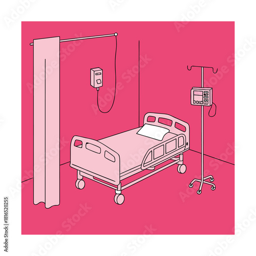 Illustration of a hospital room with a bed, iv stand, and call button isolated on, creating a clean and sterile medical environment