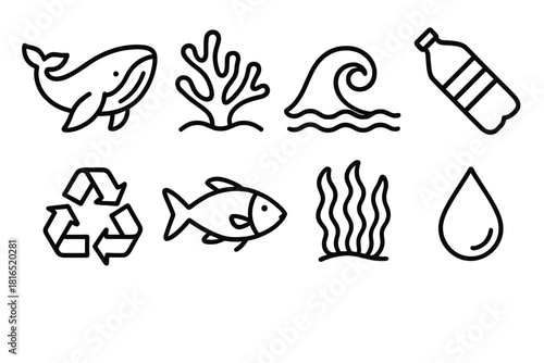 Ocean Icons Design. Marine Protection linear icon set. whale, coral, wave, plastic bottle, recycling sign, fish, seaweed, droplet