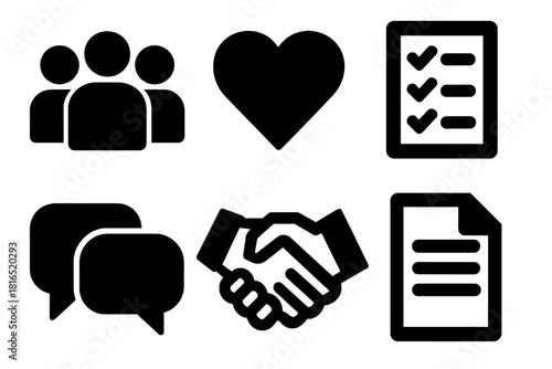 Bold Team Icons. Team courtesy silhouette icon set: group of people, heart, checklist, chat bubbles, handshake, document
