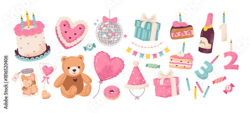 Cute birthday party elements celebration set. Playful illustration featuring cakes, gifts, balloons, sweets, toys, and party decorations in soft pastel colors for birthday.