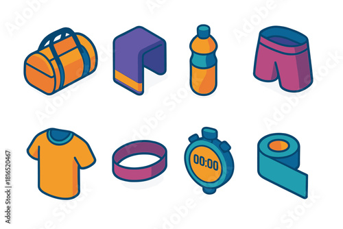 Gym Gear Essentials. Player Essentials flat icons set. gym bag, towel, sports drink, shorts, t-shirt, headband, timer, grip tape