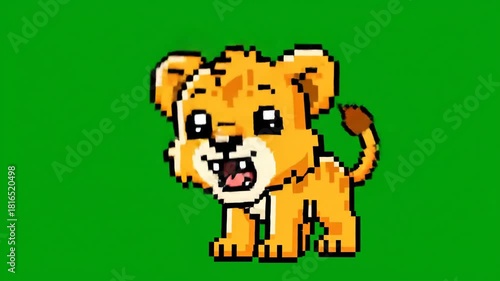 Cute Pixel Art Lion Cub Animation on Green Screen.