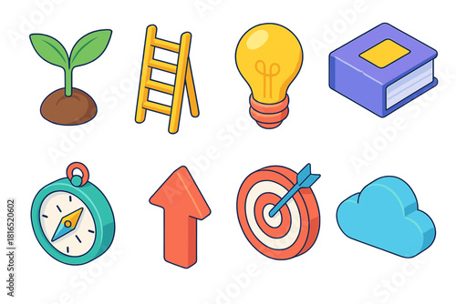 Growth Mindset Icons. Growth Mindset flat icon set: seedling, ladder, light bulb, book, compass, arrow upward, target, cloud