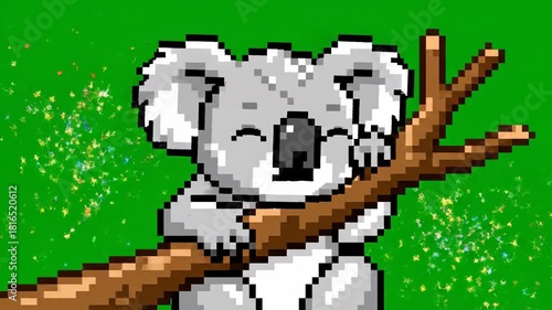 Pixel Art Koala on Branch - Cute Animated Wildlife Scene.