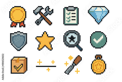 Quality Assurance Icons. Quality Excellence Icons pixel style icon set: premium seal, refined tools, standard checklist, purity diamond, flawless shield, quality star, inspection