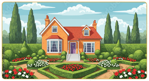 Cute cartoon house vector illustration with orange walls, red roof, purple door, and a beautiful manicured garden with flowers under blue sky.