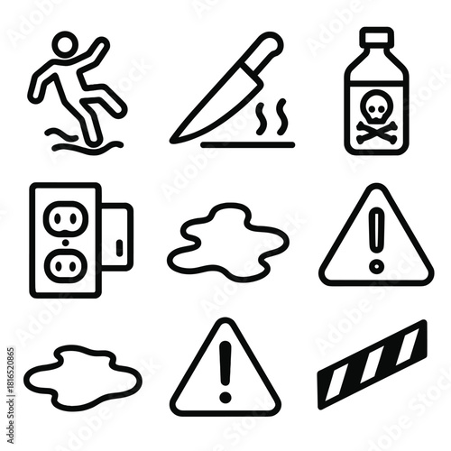 Safety Hazard Icons. Household Safety Practices Hazards linear icon set: slippery floor icon, sharp object symbol, hot surface mark, chemical bottle, outlet cover, spill puddle