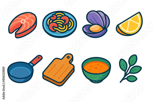 Modern Food Icons. Classic Favorites flat icons set. fish fillet, seafood pasta, clam shell, lemon wedge, frying pan, cutting board, soup bowl, herbs