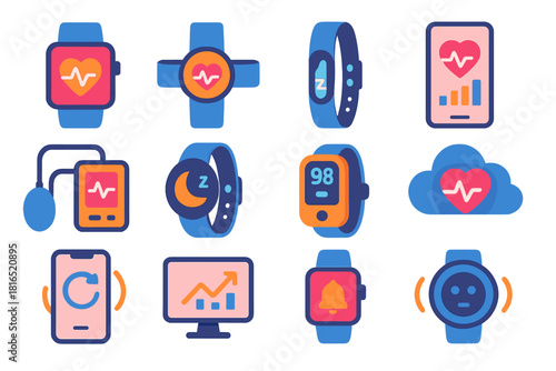 Modern Health Tech Icons. Wearable Medical Technology flat icon set: smartwatch, heart sensor, fitness band, data app, blood pressure cuff, sleep tracker, oxygen meter, health