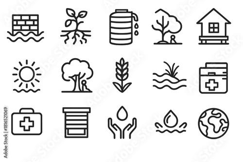 Climate Adaptation Icons. Climate Adaptation Strategies Elements Set linear icon set: flood barrier, drought-tolerant plant, rainwater tank, raised foundation, heatwave icon