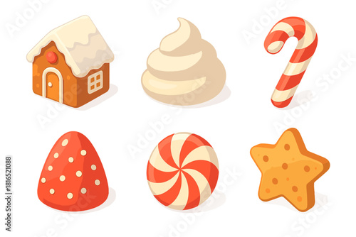 Candy Icon Collection. Candy Creations flat icon set : gingerbread house, frosting swirl, candy cane, gumdrop, peppermint disc, cookie star