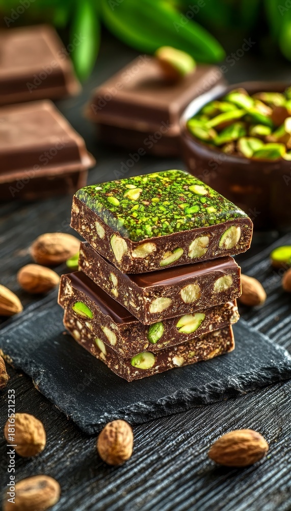 Obraz premium Decadent layers of nougat and chocolate ganache topped with pistachios, a tempting dessert treat.