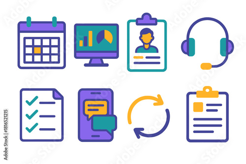 Healthcare Collaboration Icons. Care team collaboration tools flat icon set: shared calendar, digital dashboard, patient chart, headset, checklist, communication app, workflow