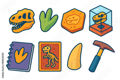 Isometric Dinosaur Icons. Dinosaur Research flat icon set: T-rex skull, footprint, fossil slab, museum case, field notebook, skeleton frame, tooth, geology hammer