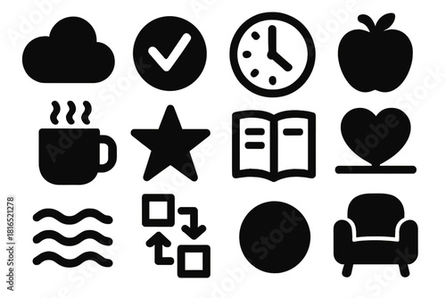 Student Wellbeing Icons. Student Wellbeing Icons silhouette icon set: calm cloud, wellness checkmark, time management clock, healthy snack, break reminder, motivation spark