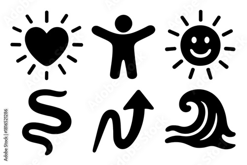 Brutalist Expression Icons. Emotive Expression Set silhouette icon set: heart glow, open arms, radiant face, flowing ribbon, rising outline, expressive wave