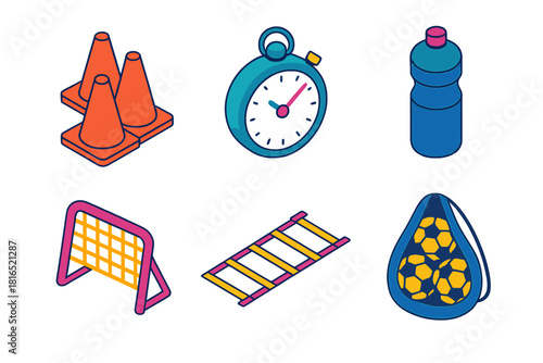 Training Gear Icons. Training Essentials flat icons set. cones, stopwatch, water bottle, practice net, agility ladder, ball bag