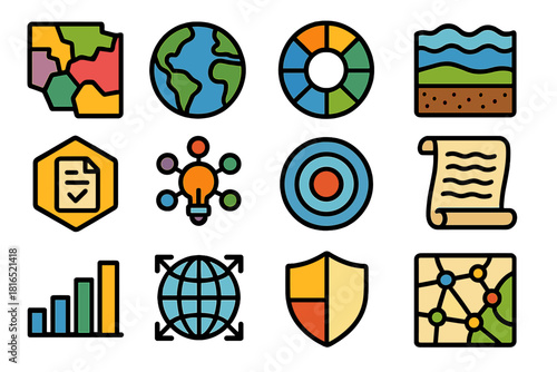 Global Context Icons. Global Context Layers linear icon set: multicolor region blocks, planetary viewpoint icon, societal factor wheel, environmental strata, policy zone badge