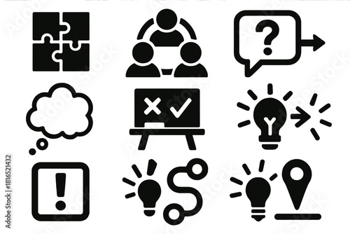 Problem Solving Icons. Collaborative Problem Solving Symbols silhouette icon set: shared puzzle grid, teamwork circle, question bubble, solution arrow, thought cloud, joint board