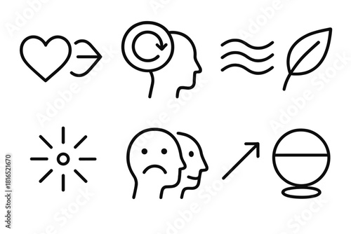 Icons of Emotional Transformation. Emotional Change linear icon set: heart transition, mindset shift bubble, clarity wave, letting-go leaf, renewal spark, evolving mood icon