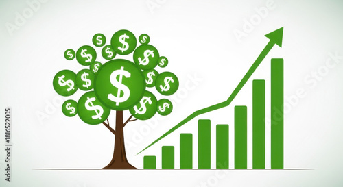 Growth Chart with Money Tree, Investment, and White Background.