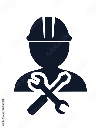 Iconic Silhouette Construction Worker with Helmet and Crossed Wrenches, Repair Concept