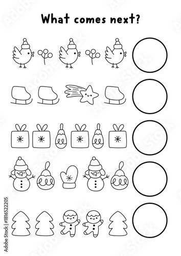 What comes next. Christmas black and white logical activity for children with holiday symbols. Winter logic succession worksheet. Continue row line game, coloring page with star, skate, snowman