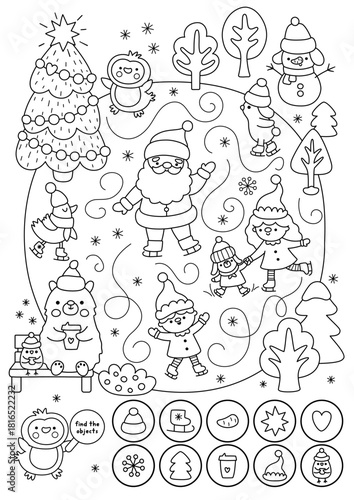 Vector black and white searching game with Christmas landscape. New Year line seek and find printable activity, coloring page for kid. Winter holiday worksheet with Santa Claus, animal skating on rink