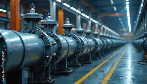 Wallpaper Mural Long row of steel pipes in big factory. Metallic pipeline system goes into distance. Industrial interior with infrastructure, valves, yellow lines on floor, lighting, machinery. Power generation Torontodigital.ca